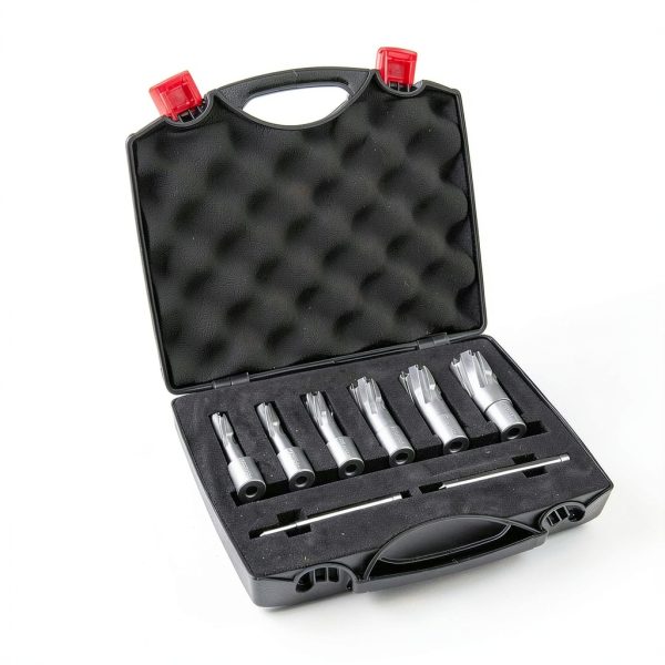 Annular Cutter Set Carbide 8pcs JESTUOUS 3/4 Inch Weldon Shank 1-3/8 Cutting Depth and Cutting Diameter from 1/2 to 1-1/16 Two Flat TCT Bit for Drill Press with 2 Pilot Pins-6