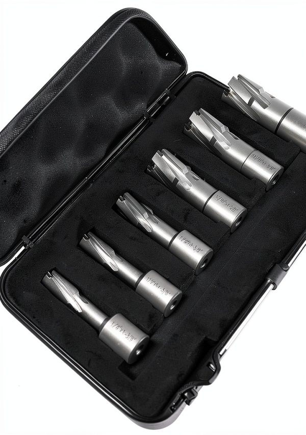 Annular Cutter Set Carbide 8pcs JESTUOUS 3/4 Inch Weldon Shank 1-3/8 Cutting Depth and Cutting Diameter from 1/2 to 1-1/16 Two Flat TCT Bit for Drill Press with 2 Pilot Pins-5