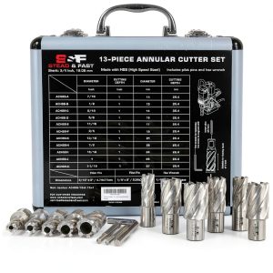 Annular Cutter Set 13 Pcs by S&F STEAD & FAST, Cutting Depth 1" Cutting Diameter 7/16" to 1-1/16" Inch, Mag Drill Bits Kit for Magnetic Drill Press, with 2 Pilot Pins-0